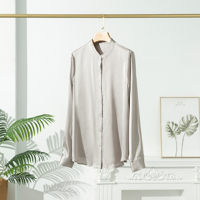 2026 Spring Autumn New Silk Blouse for Women Satin Long Sleeve Shirt Niche Mulberry Silk Top Stand Collar Cardigan