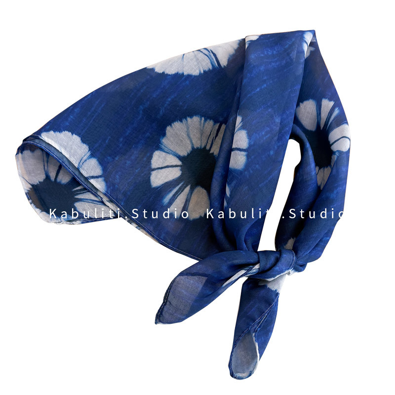 Yunnan tie-dye blue small square scarf, silk scarf for women, triangle headwrap sun protection, hair band, neck protection, thin gauze scarf