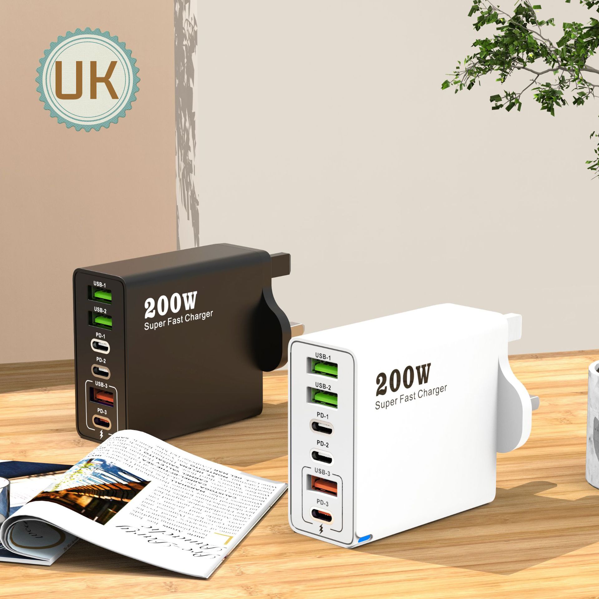 New 200W Multi-Port Charger 3USB+3PD 6-in-1 for Mobile Phones, Australian/Indian/UK Standard Fast Charging Head 5V