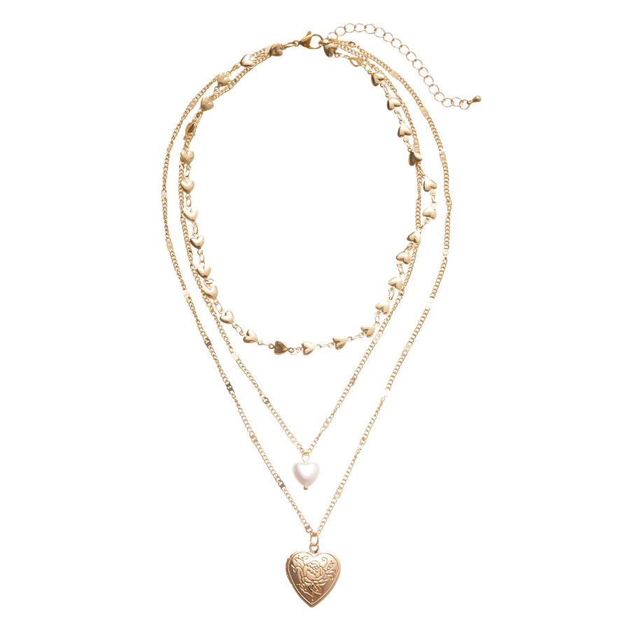 Imitation Pearl Heart Print Three-Layer Layered Chain Necklace for Women