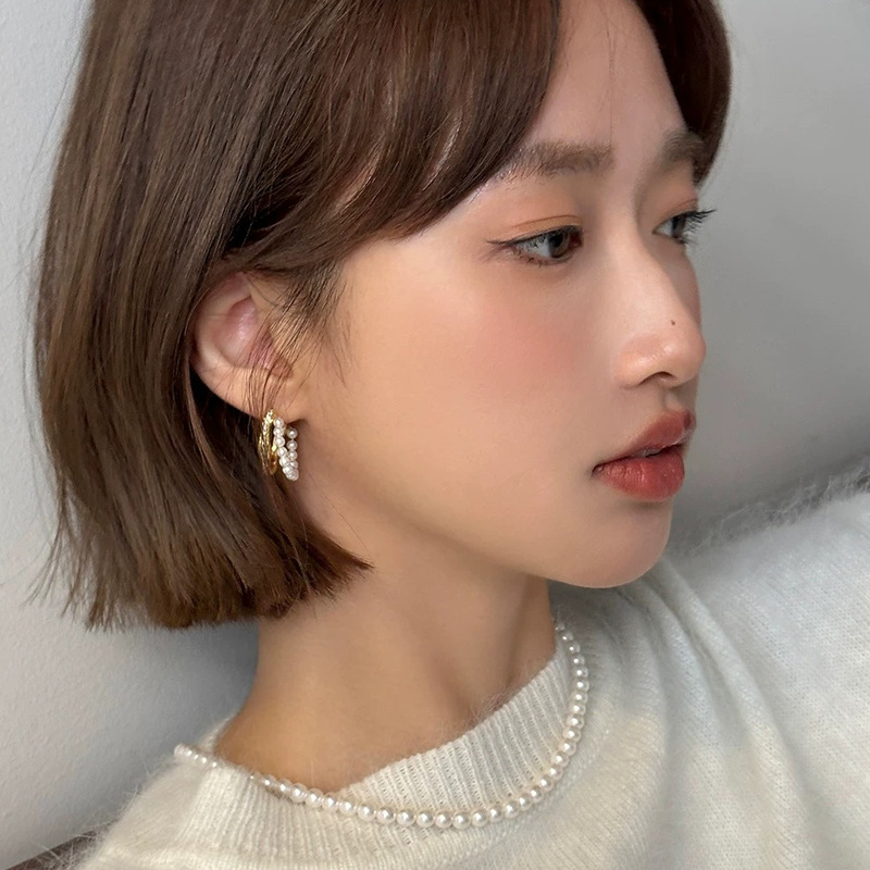 Live small fragrance style C-shaped zircon pearl earrings ear accessories full of daily ear studs women