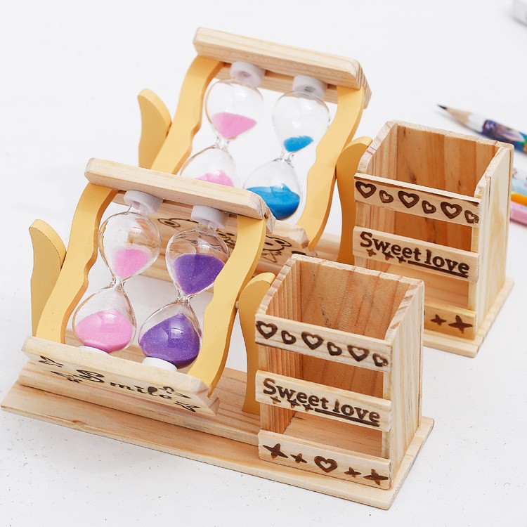 Three Flowing Sand Pen Holders Hourglass Wooden Pen Holder Combination Ornament Student Stationery Gift Stationery Store