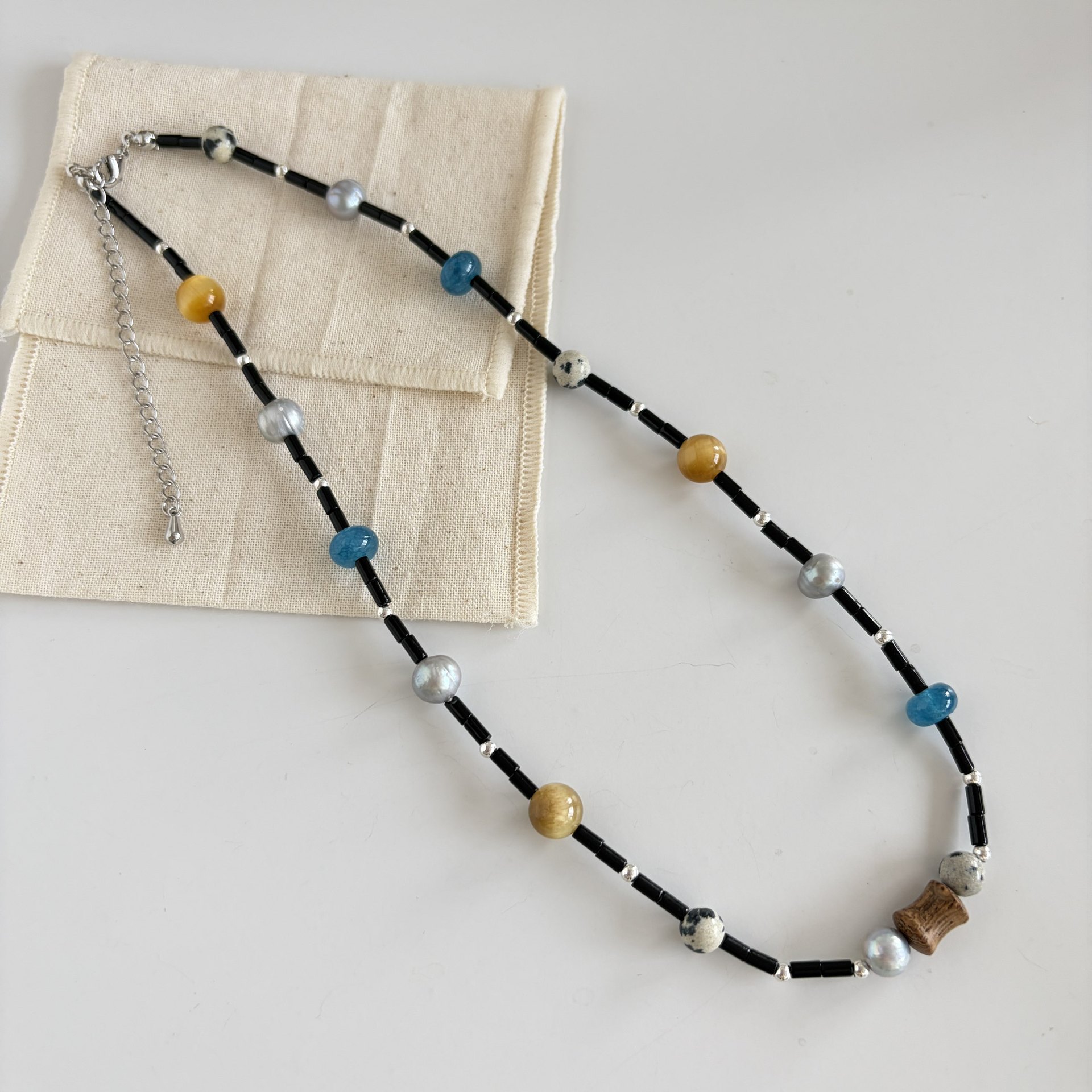 Natural Agate Pearl Speckled Stone Silver Blue Gray Asteroid Simple Beaded Necklace for Women