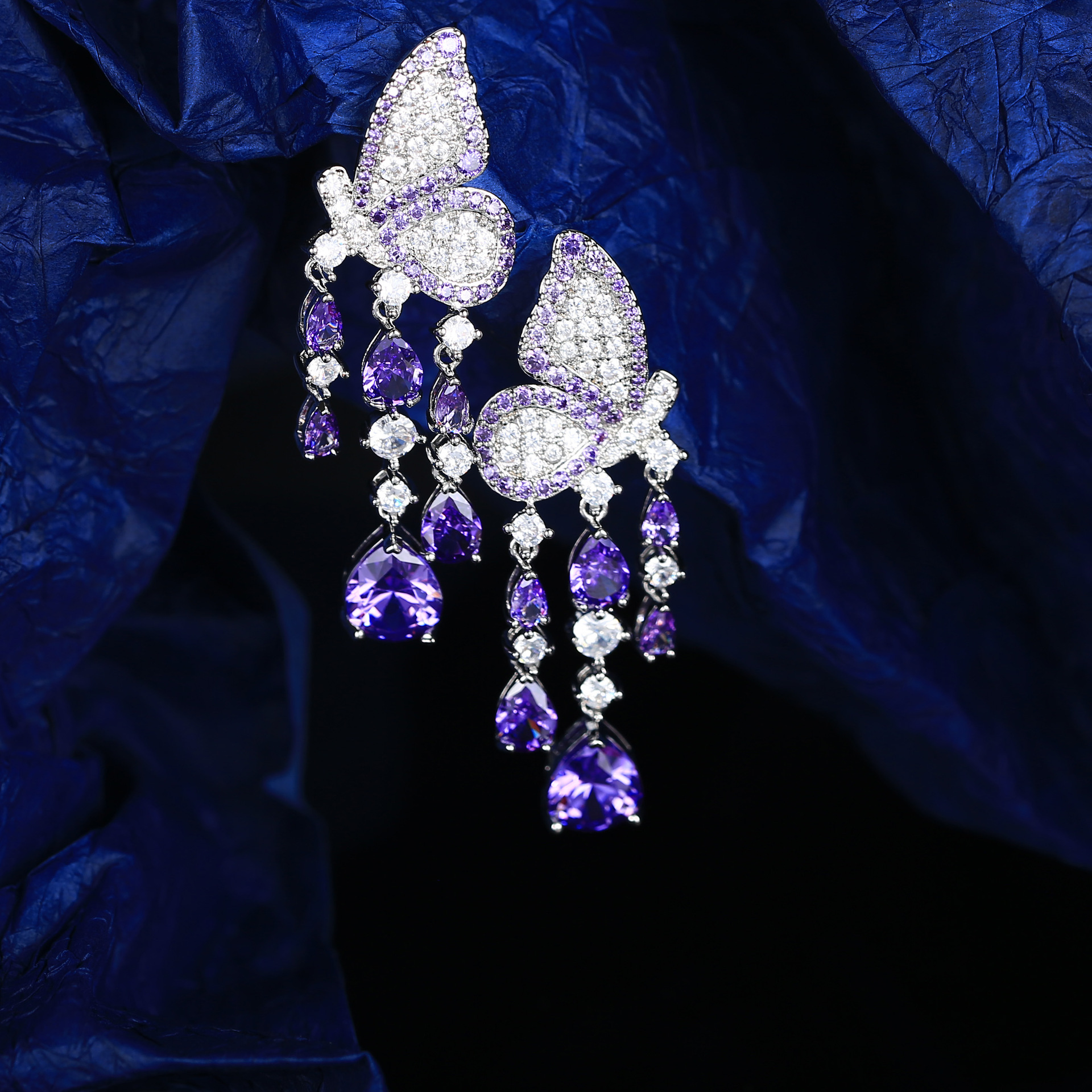 Korean micro-set zircon colored pink butterfly wing tassel drop goddess earring stud banquet annual meeting full diamond earring silver needle