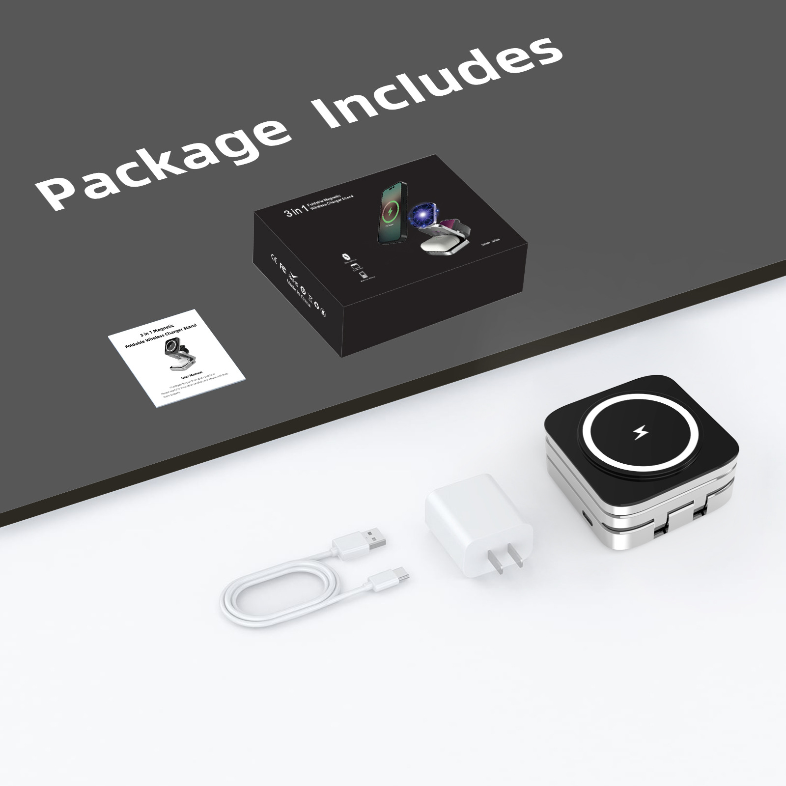 New 3-in-1 Magnetic Wireless Charger Phone Fast Charging Foldable Stand Earphone Watch Wireless Charging
