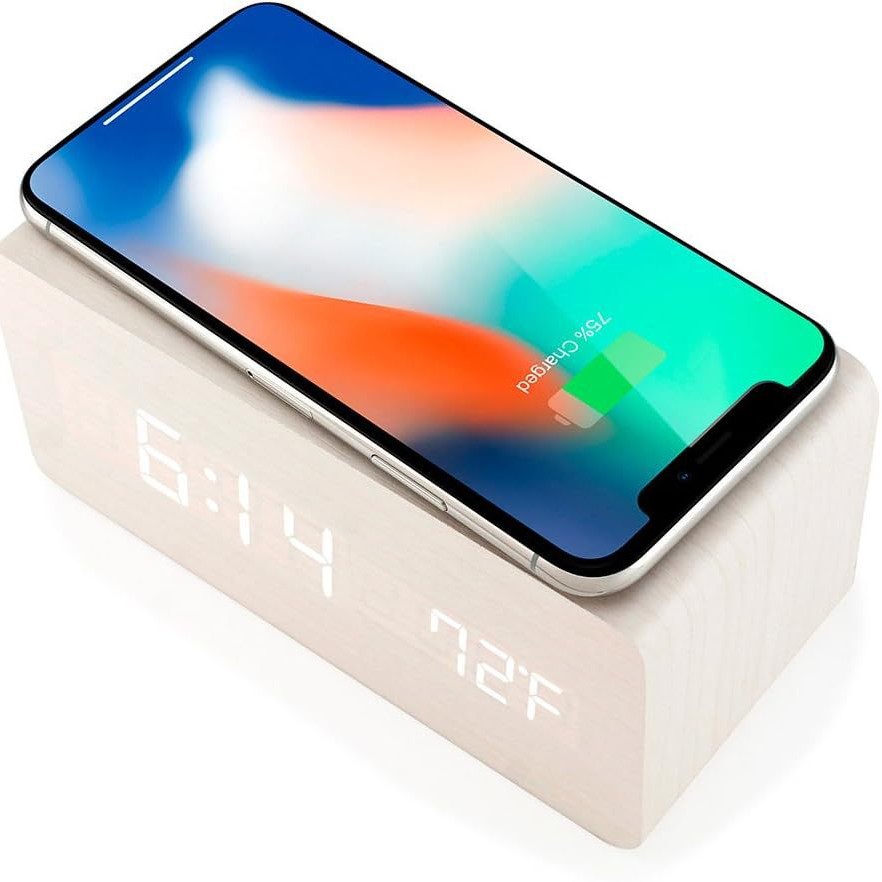 Wireless Charging Alarm Clock Multifunctional Smart LED Electronic Clock Simple Wooden Clock Silent Night Light Clock