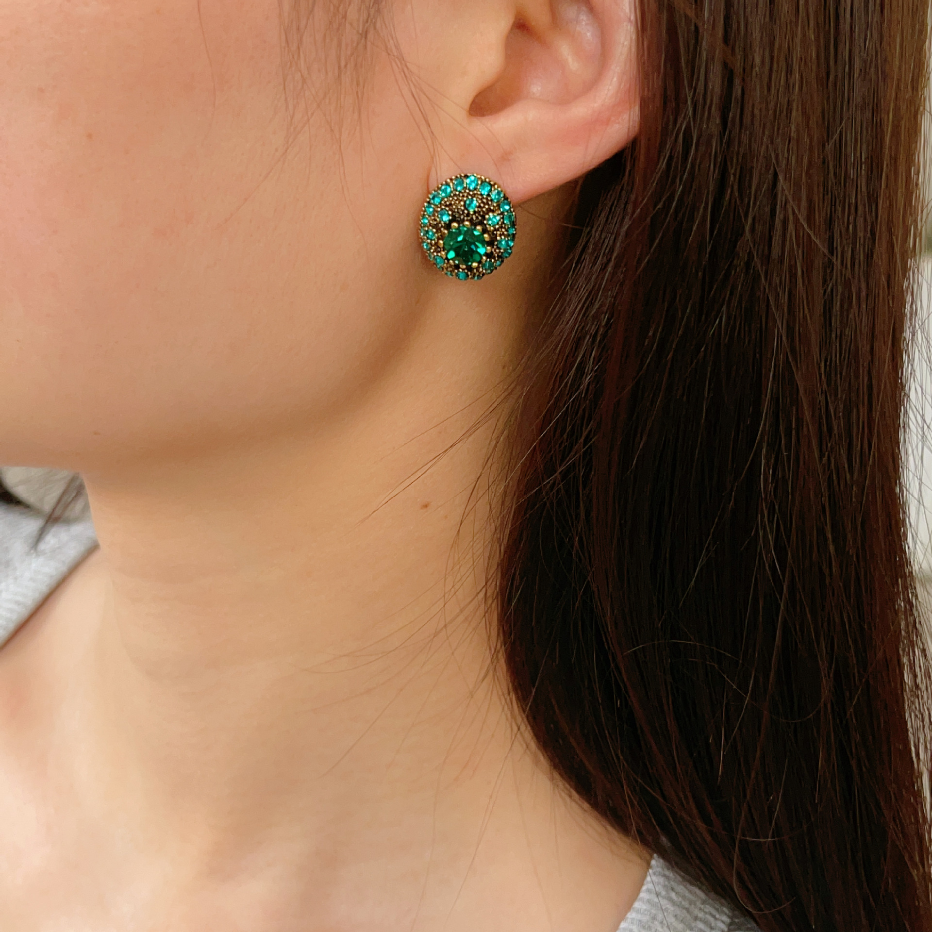 Wind Green Heavy Craft Gemstone Ear Studs Vintage Geometric Colorful Gem Earrings Ear Accessories