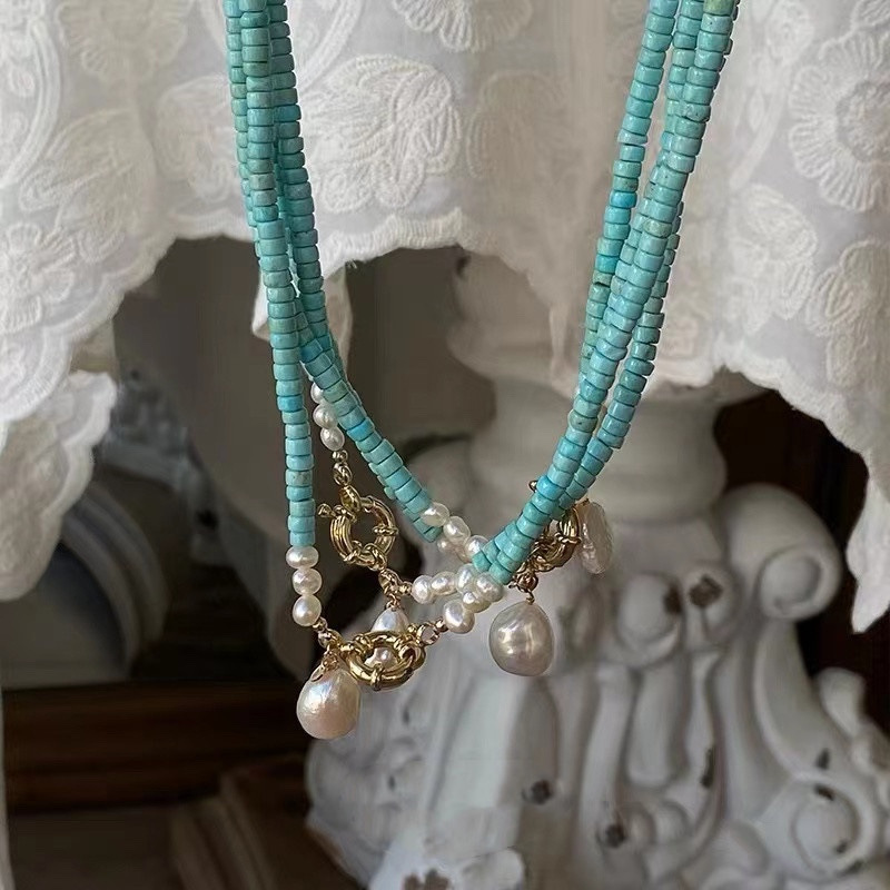 Freshwater pearl handmade beaded stunning baroque simple turquoise necklace锁骨链