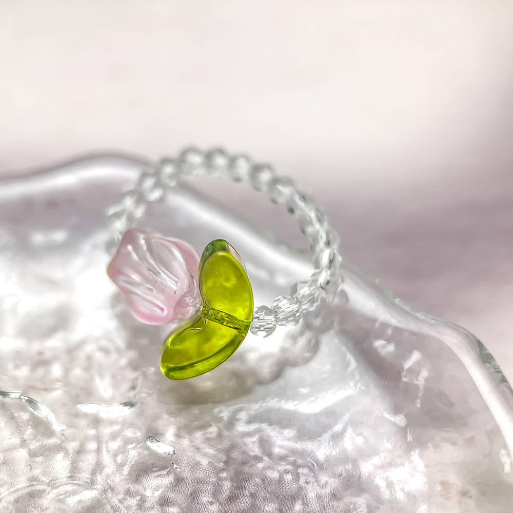 Glass Flower Tulip Stretch Ring, Minimalist Band, Hyuna Feng Shui Crystal Jewelry