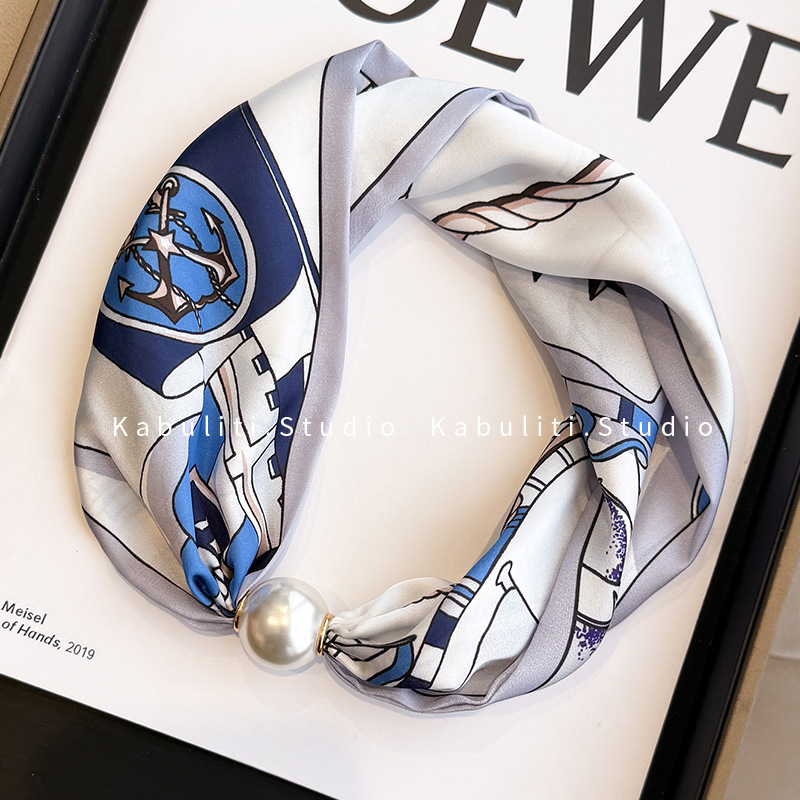 Magnetic buckle pearl necklace narrow small long strip silk scarf women neck protection matching shirt neck scarf gauze scarf thin scarf