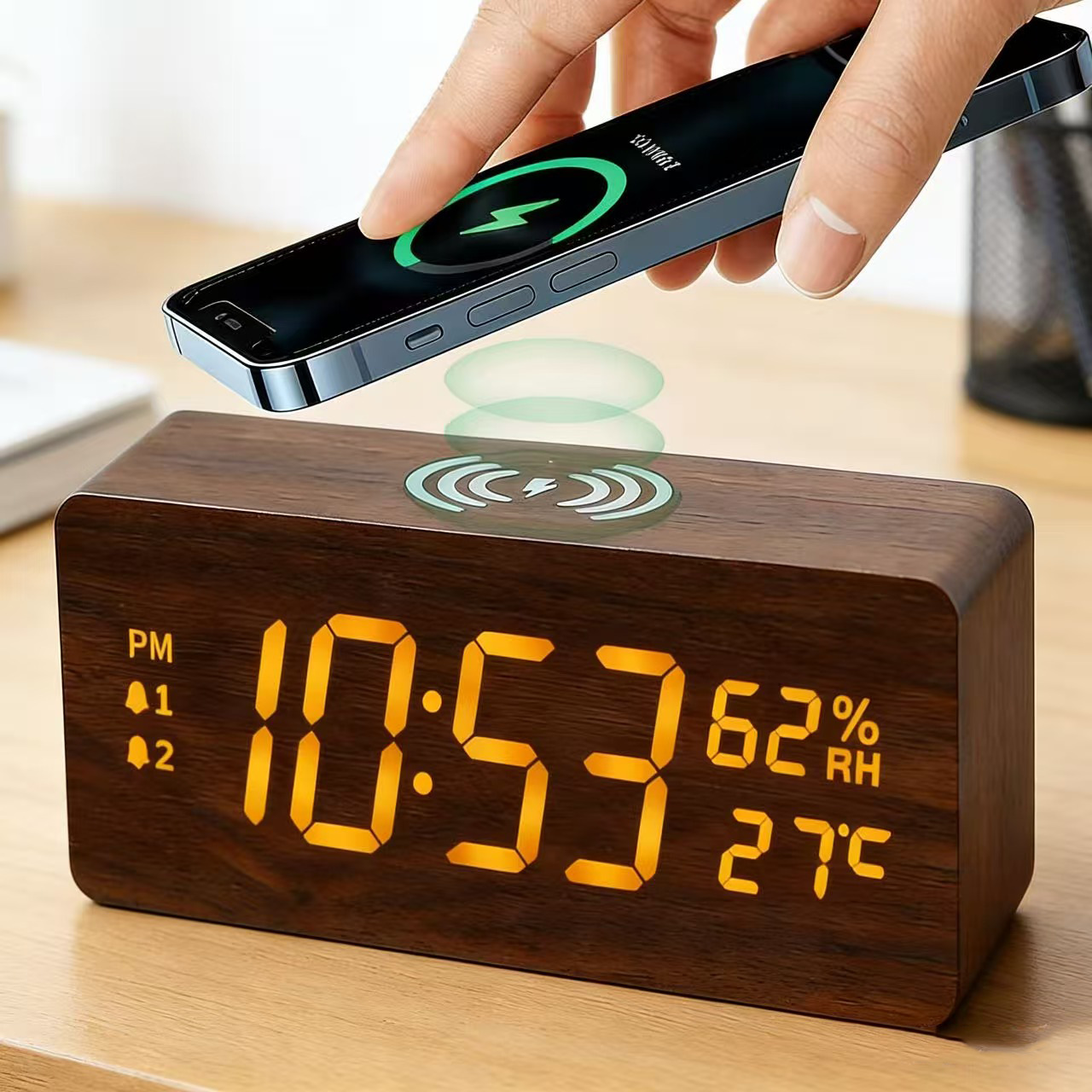 Perpetual Calendar Atmosphere Clock 15W Fast Charging Wooden Temperature and Humidity Wireless Charging Snooze Night Light Clock Multifunctional Electronic Clock