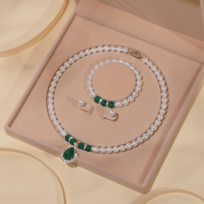Natural Deep Sea Mother-of-Pearl Bead Pearl Necklace Clavicle Chain Jewelry Set for Women Three-Piece Mother's Day Gift