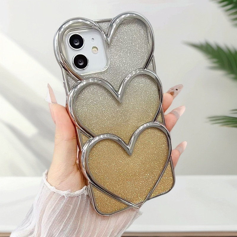 New compatible IP16/15 heart overlap electroplated 14 gradient glitter 13 full coverage anti-drop TPU phone case