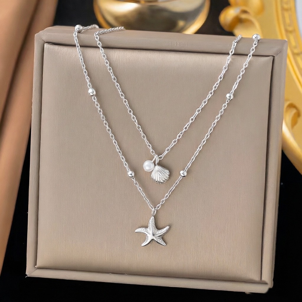New Sea Star Shell Pearl Pendant Necklace Small Clavicle Chain for Women
