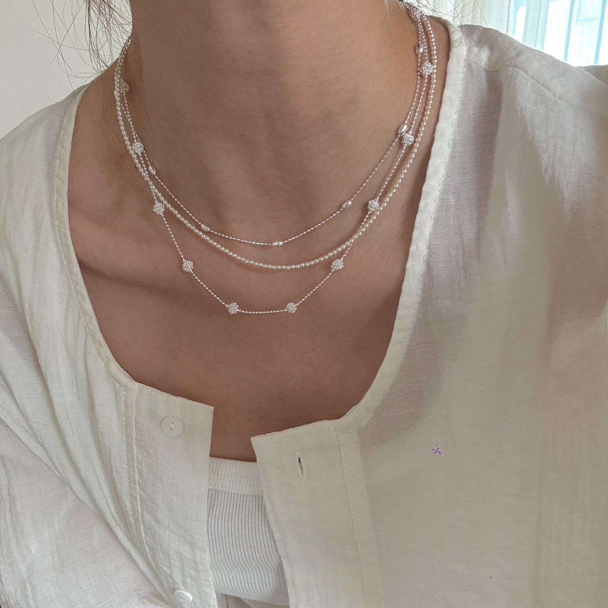 Moonlight three layers multi-layer stacking pearl ball necklace gentle wind锁骨 chain