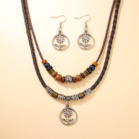 Five-leaf Clover Beaded Wax Rope Necklace Sweater Chain Earring Necklace Set