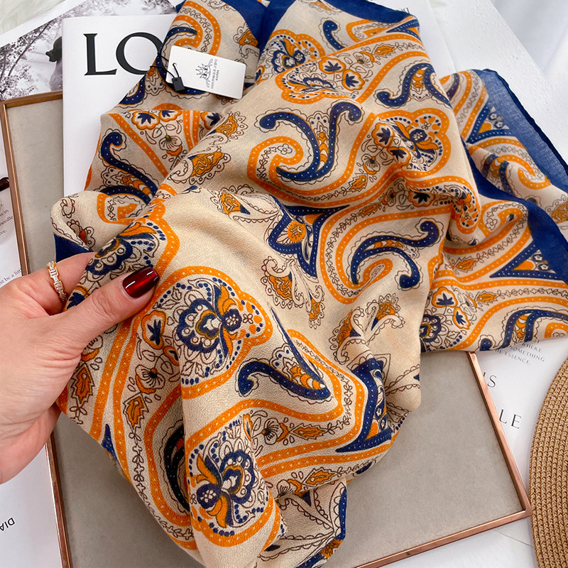 Beach scarf for women, autumn thin neck-protecting sunscreen large shawl, office air-conditioned room cotton-linen feel scarf for vacation