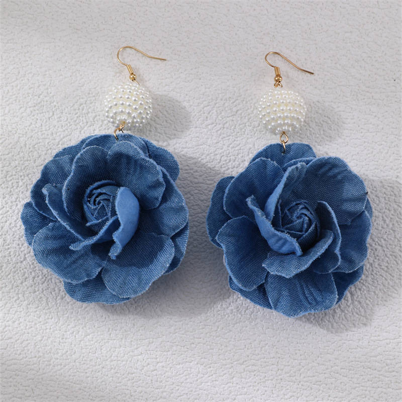 EZ5074 Women's Earrings Camellia Denim Blue Cloth New Women's Ear Accessories