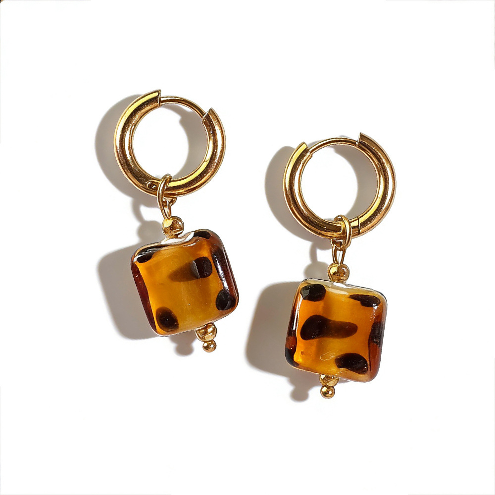 Leopard-Print Glass Heart-Shaped Flower Pendant Earrings—Stainless Steel Charms