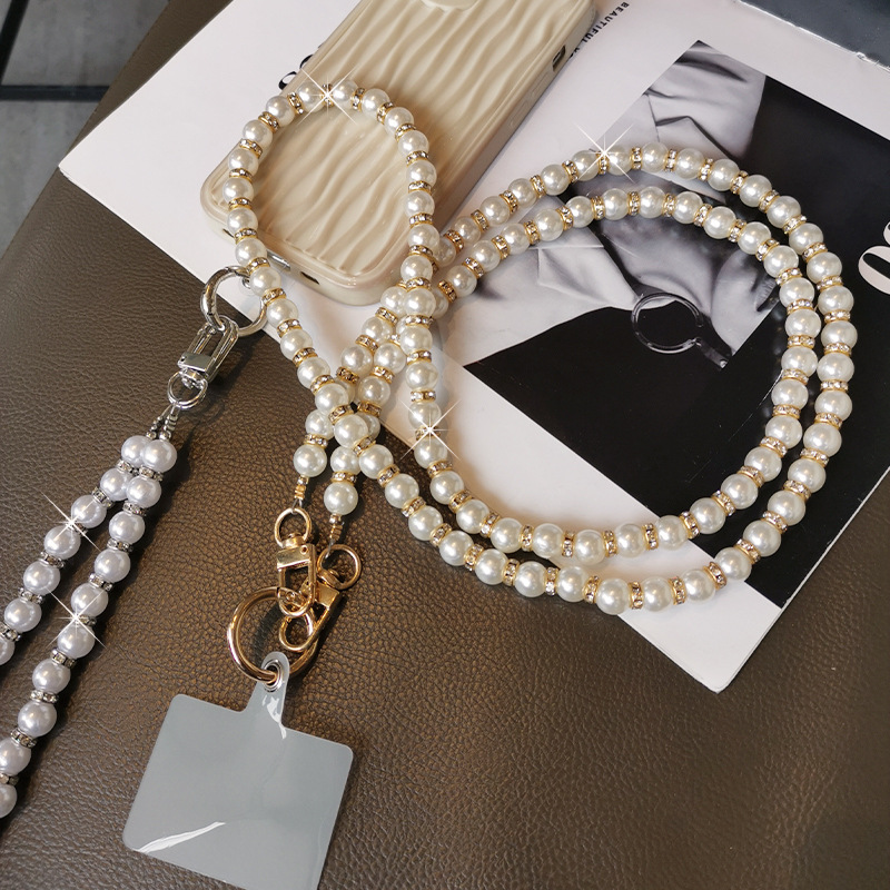 Mobile phone lanyard crossbody pearl bead chain card case rhinestone pendant women's handmade string beads