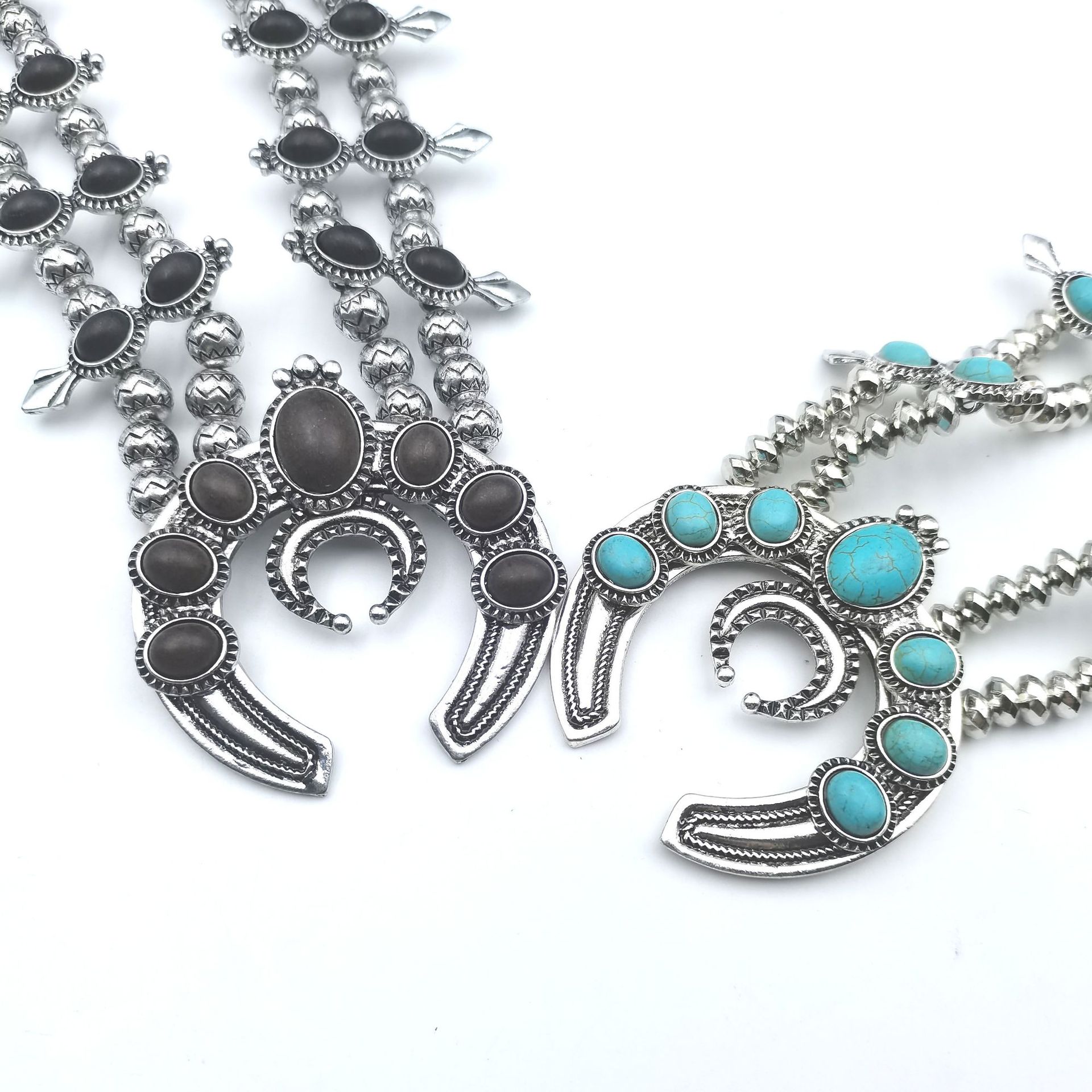 New turquoise necklace multi-layer handmade beaded long alloy crescent moon pendant