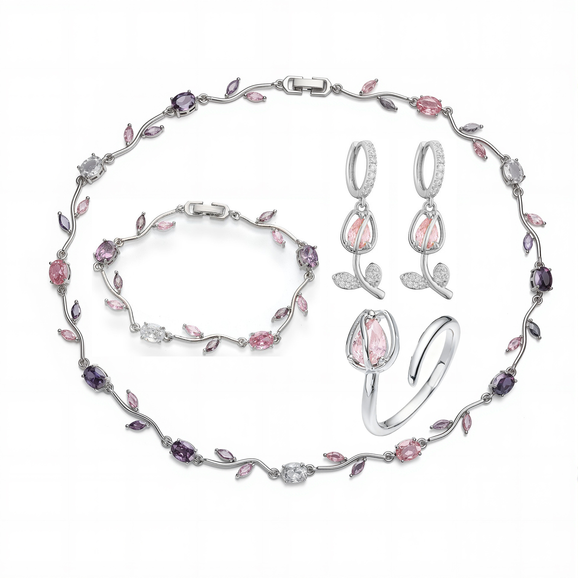 Copper Inlaid Colorful Diamond Tulip Ring, Earrings, Necklace for Women Flower Petal Jewelry Set