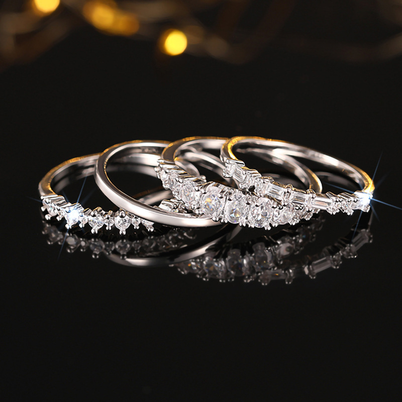 Cao Shi Geometric Ring for Women Shiny Ring Four-Piece Set Engagement Wedding Jewelry