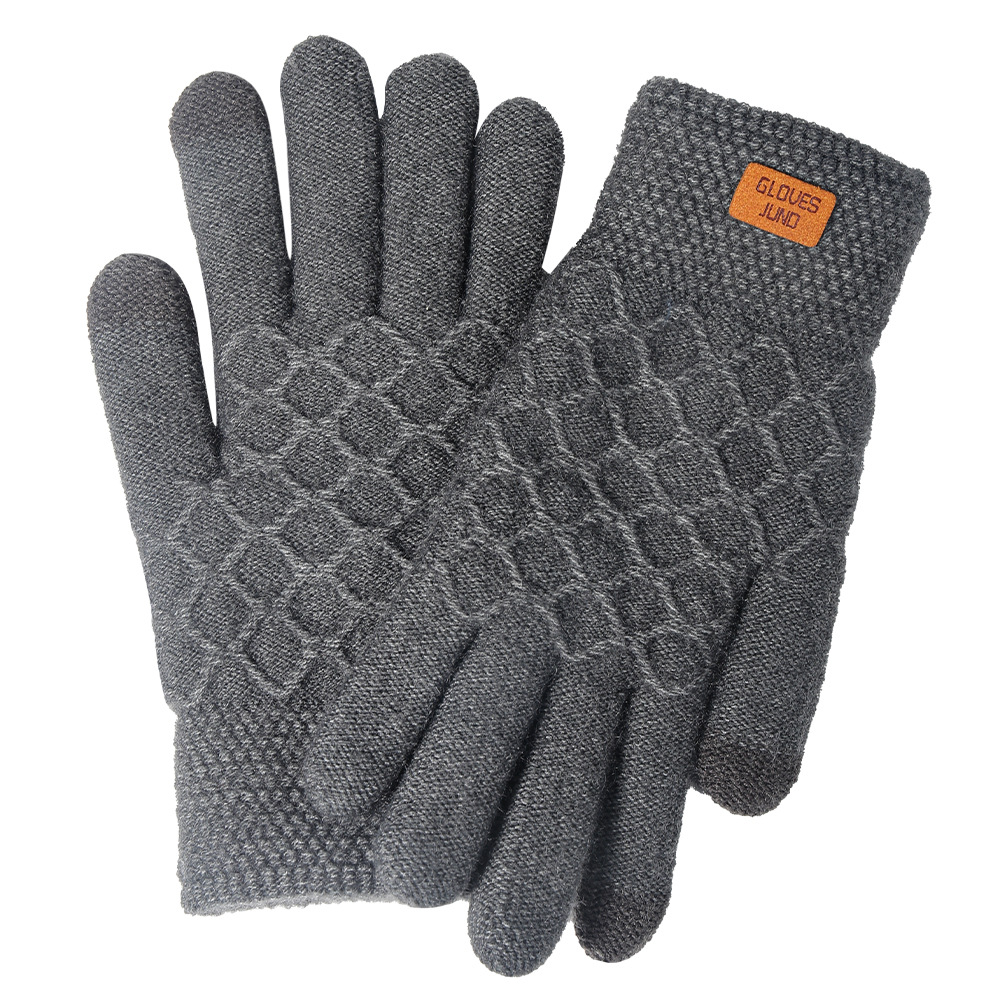 Touchscreen Gloves Winter Warm Cold-Proof Double-Layer Fleece-Lined Thick Men Black Wool Cycling Knit Touchscreen