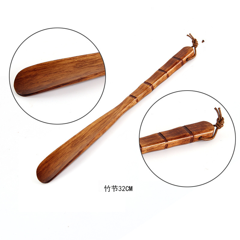 Wooden shoehorn, extended shoe horn, lazy person pregnant woman elderly shoe helper, household long-handled inlaid shell shoe horn