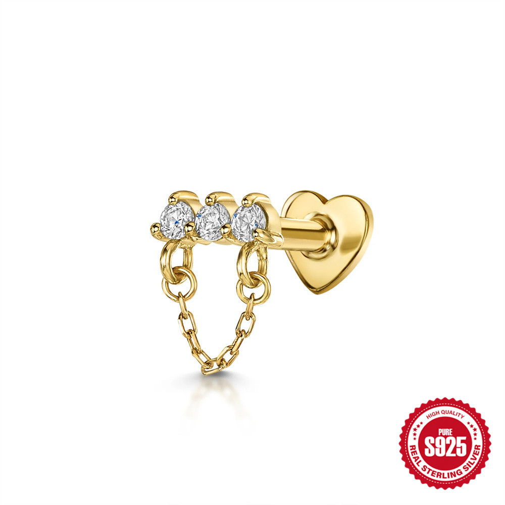 S925 sterling silver tassel chain diamond-set heart flat head threaded ear bone studs women's ear accessories