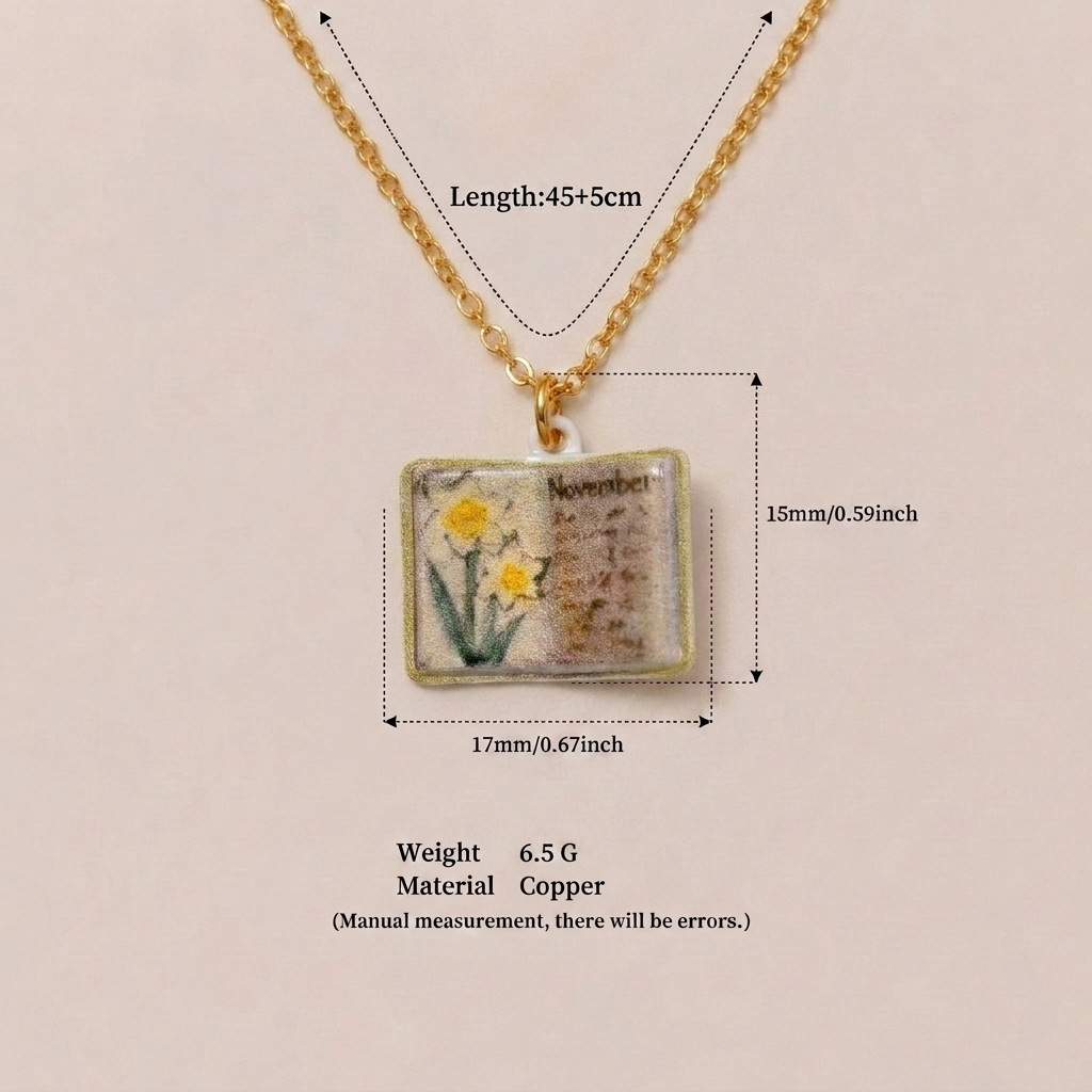 New December imitation porcelain book necklace, exquisite and compact copper-plated