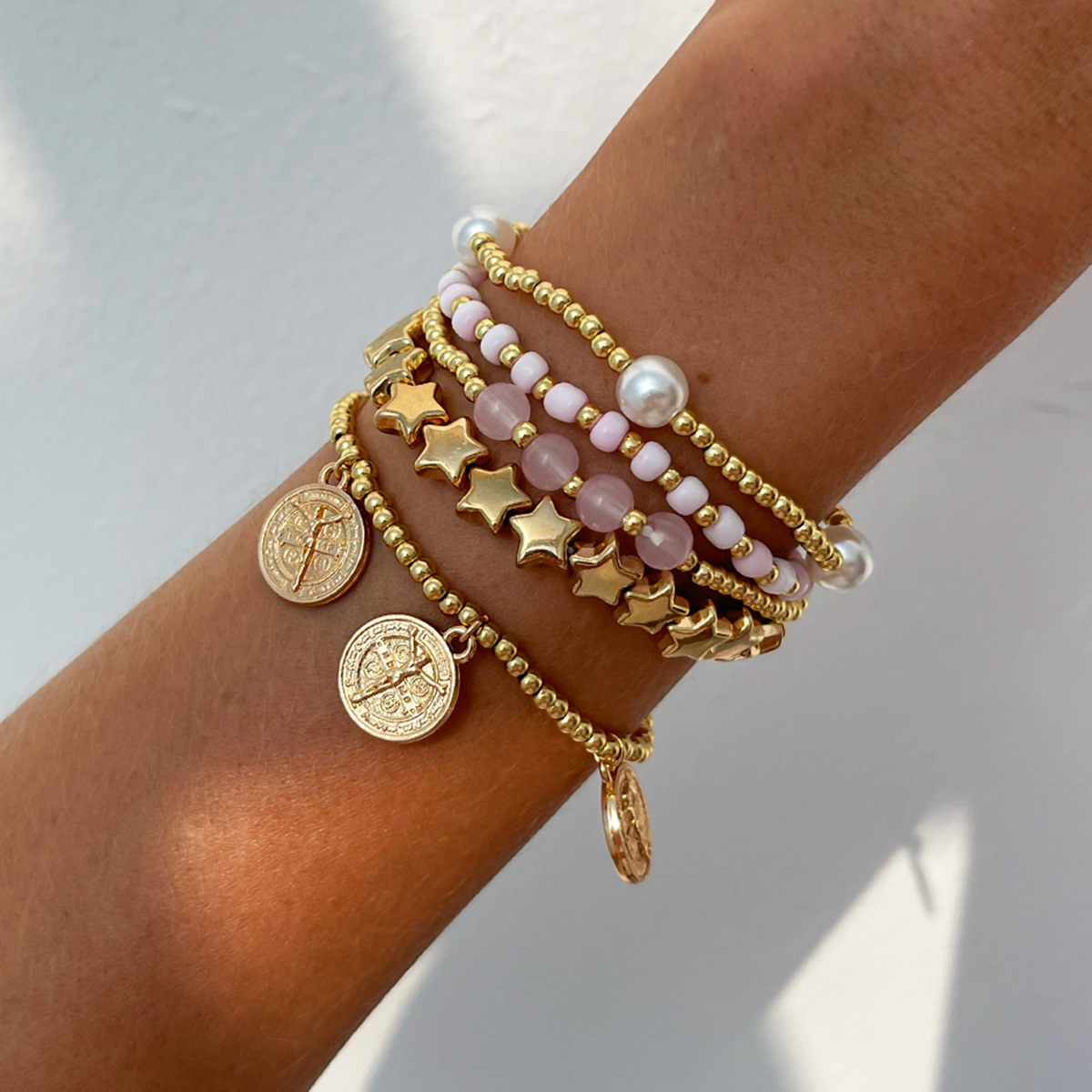 Bohemian five-pointed star beaded elastic bracelet metal tag faux pearl bracelet