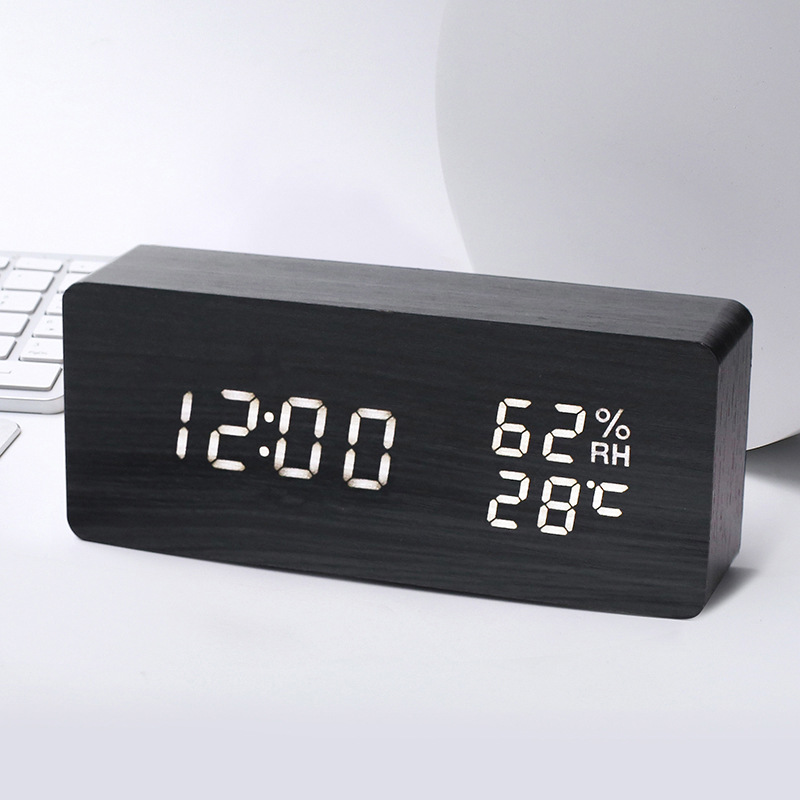 PVC Wooden Digital Alarm Clock Perpetual Calendar Temperature and Humidity Clock LED Triangular Electronic Clock Voice Control LED Wooden Clock
