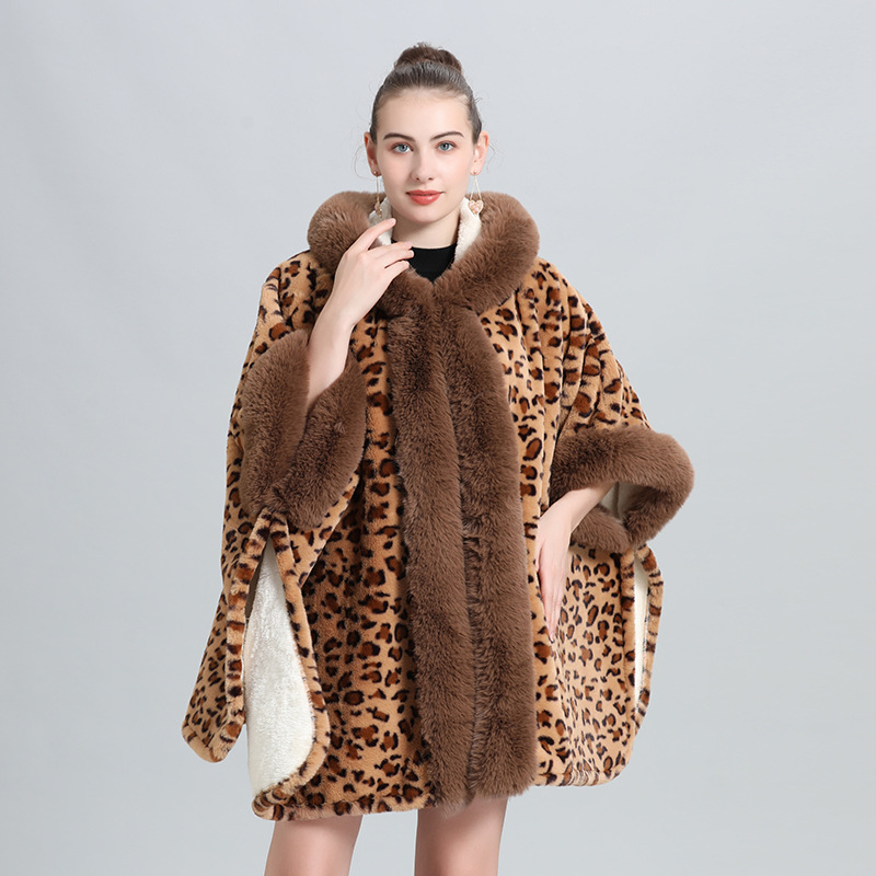 Live Supply Cape Shawl Fleece Lined Thickened Fur Collar Tassel Knitted Shawl Plus Size Wool Coat 0961#