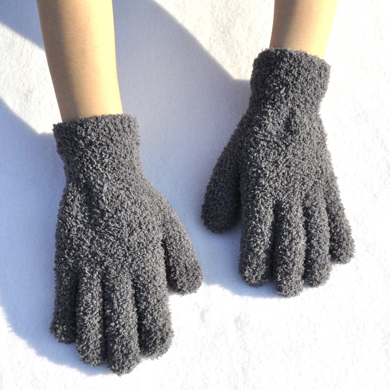 Plush Gloves Women Winter Thickened Warm Anti-Cold Knitted Solid Color Half-Side Velvet Unisex Youth Gloves