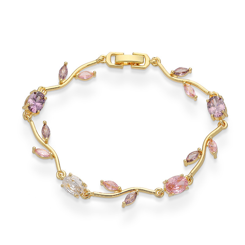 Copper Inlaid Colorful Diamond Branch and Petal Bracelet Leaf Tulip Layered Hand Jewelry