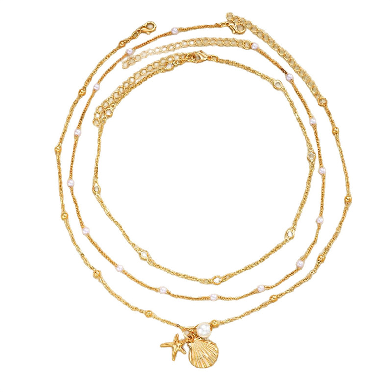 Unique Design Ocean Style Shell Starfish Double Layer Imitation Pearl Collarbone Chain