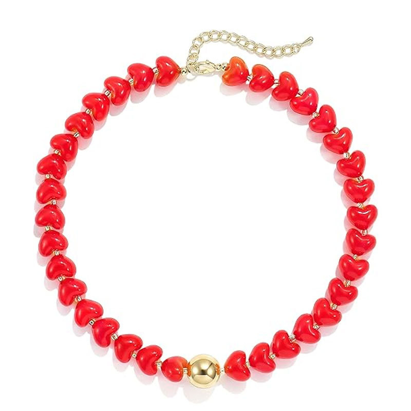 Colorful Heart Shaped Beaded Necklace Women Cute Acrylic Adjustable Jewelry Necklace