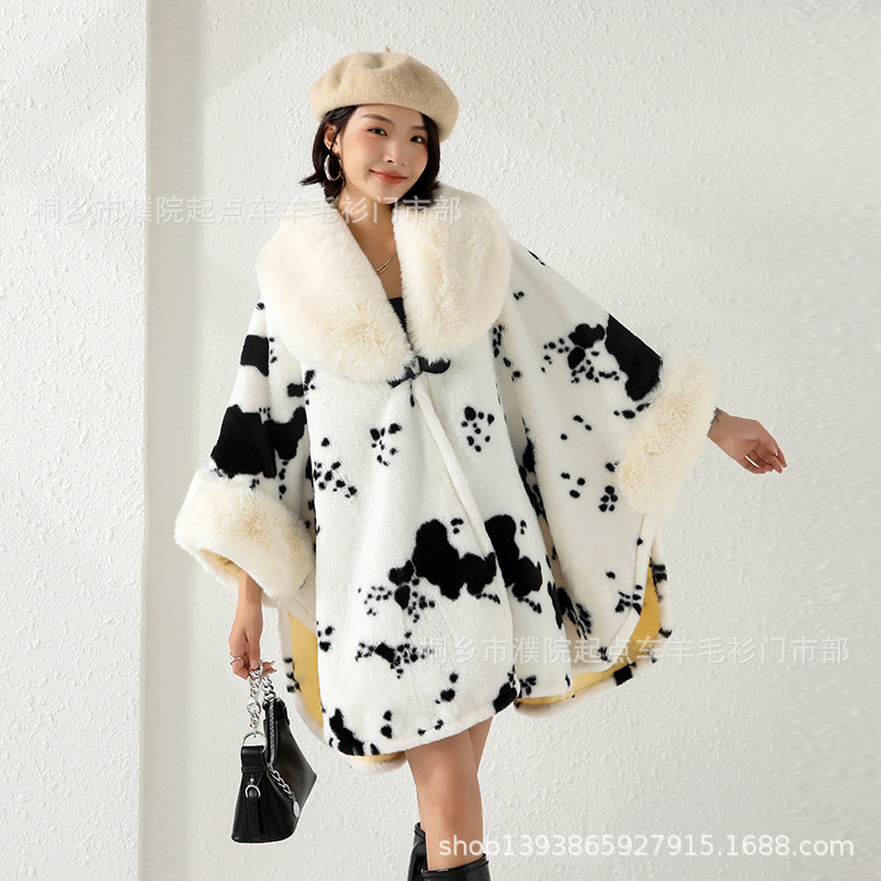 0952# Autumn Winter New Shawl Plus Size Loose Large Fur Collar Fleece Lined Thickened Cape Shawl Printed Wool Coat