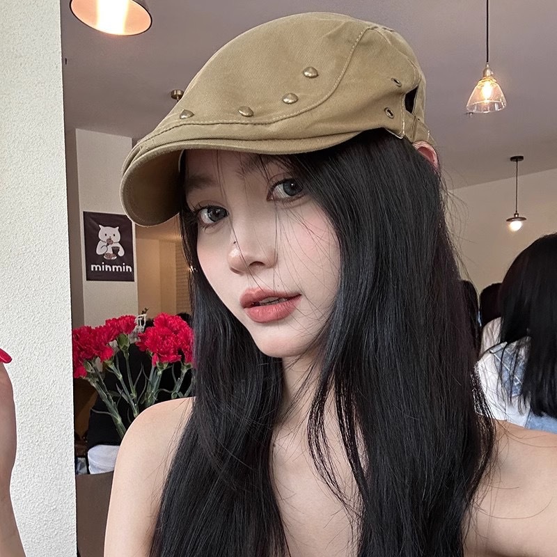 Rivet Forward Cap for Women, Spring/Autumn, Beret, Thin Sun Protection, Casual, Face Slimming