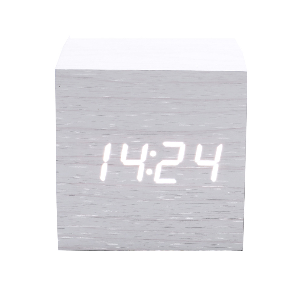 LED smart voice-controlled wooden clock, square compact digital display temperature and humidity electronic alarm clock, multi-color electronic clock