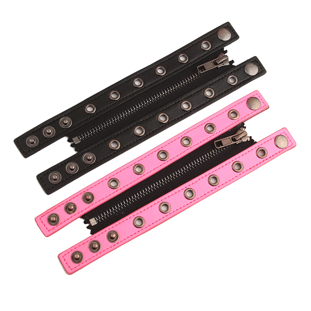 New Rivet Chain Punk Accessories Cowhide Bracelet Women Round Hole Center Zipper Wide Leather Wristband
