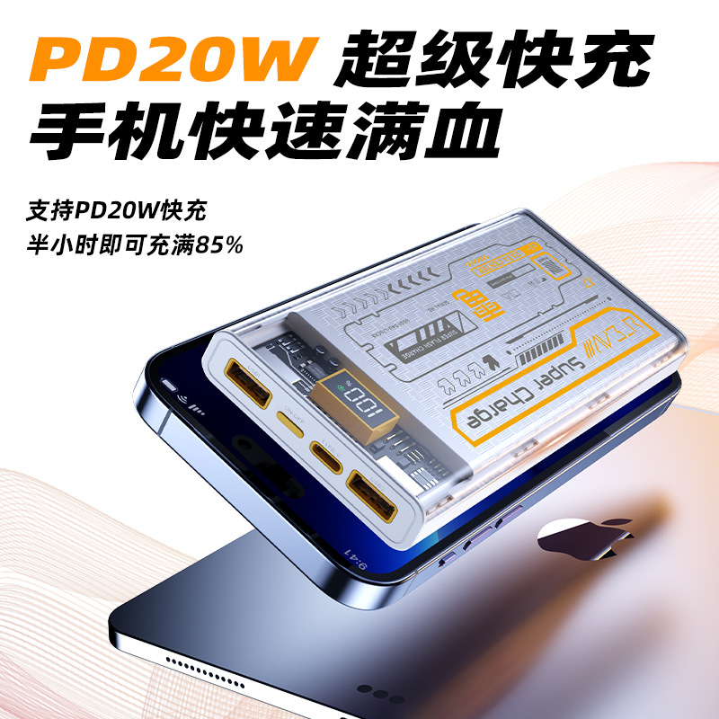 GaN 100W Flash Charging Transparent Punk Mech 1/20000mAh Power Bank Cable Mobile Power Supply