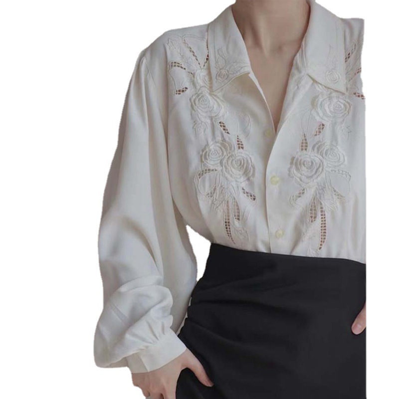 Beautiful Unique Special Blouse Mature Lady Top White Embroidered Lace Shirt Women