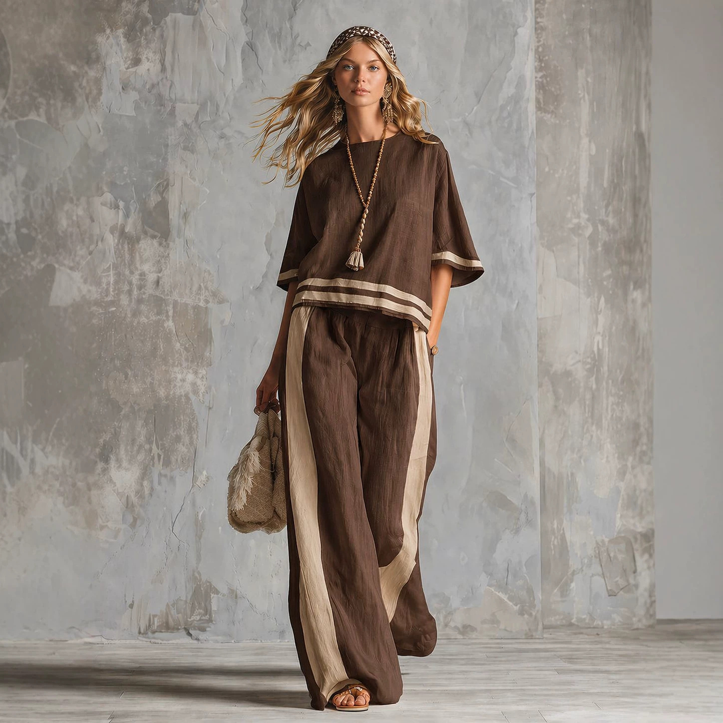 Bohemian Stripe Contrast Cotton Linen Two Piece Set Loose Three Quarter Sleeve Top Wide Leg Casual Long Pants Vacation Suit