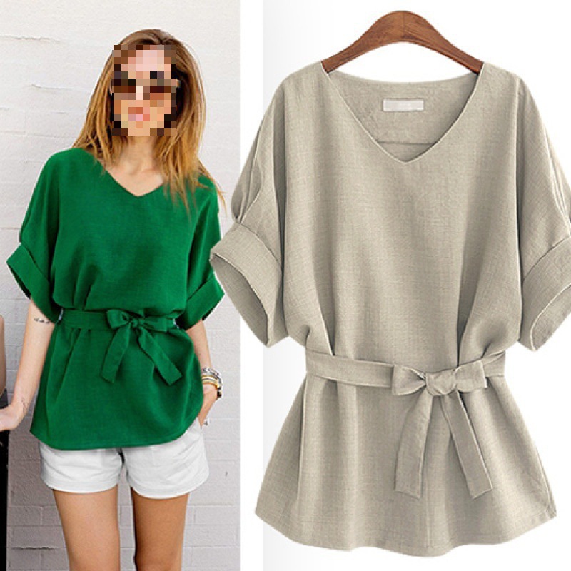 Summer Women's V-neck Linen Short Sleeve Shirt Batwing Sleeve Plus Size Loose Waist Cotton-linen Top