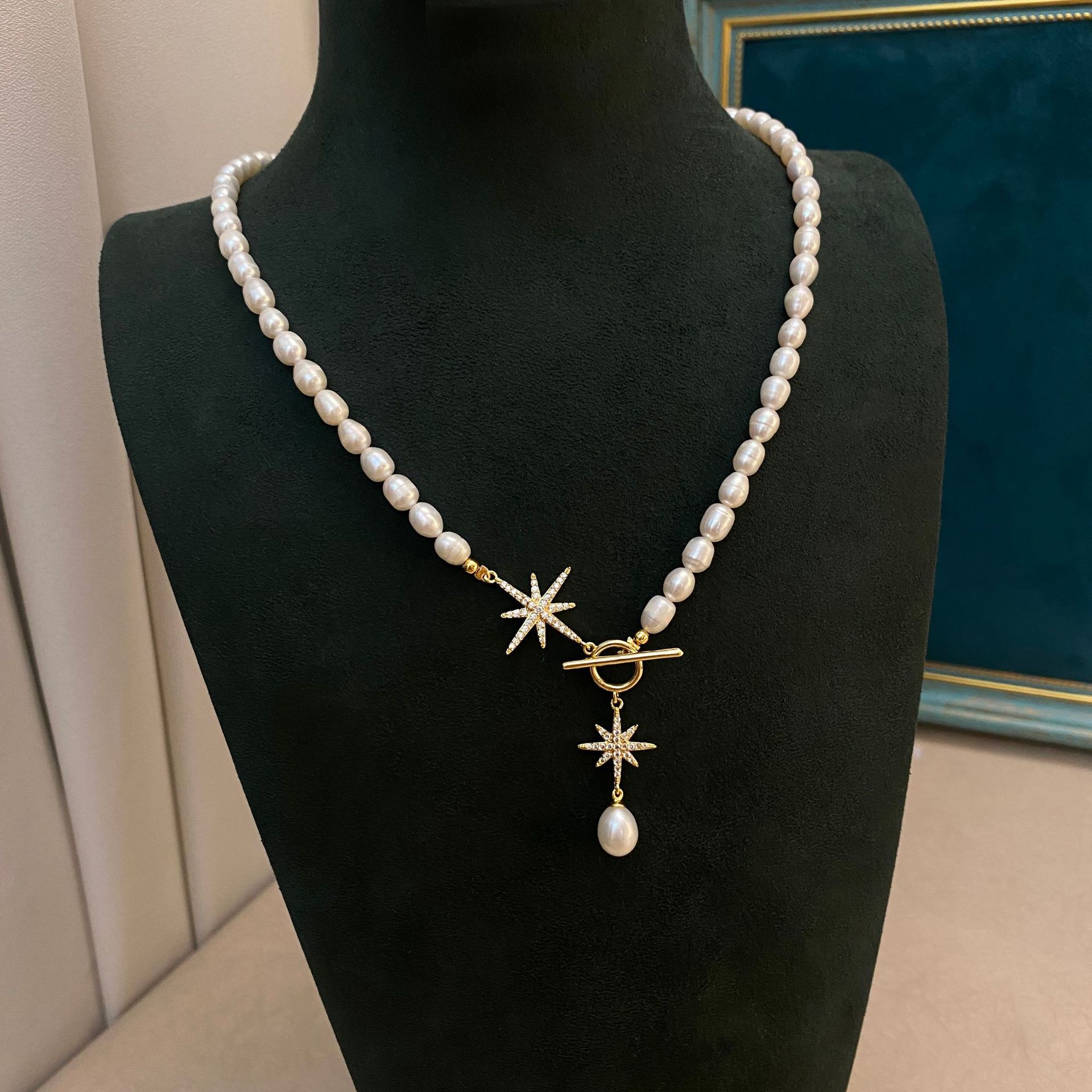 5-6mm natural freshwater pearl necklace with eight-pointed star OT clasp pendant necklace, exquisite sweater chain, collarbone chain