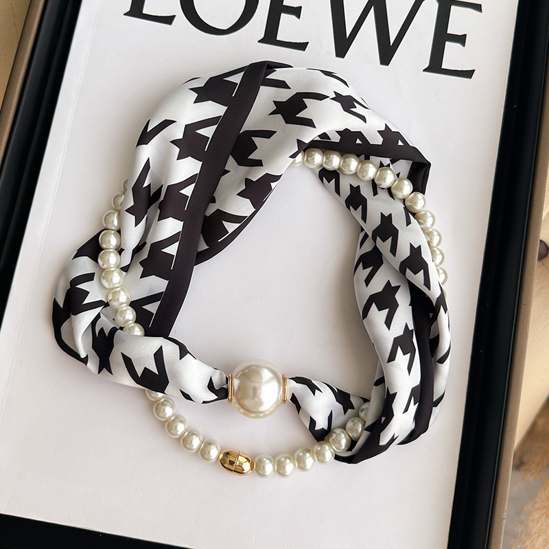 Pearl necklace magnetic buckle narrow small silk scarf for women, neck protection professional decorative collarbone matching shirt thin scarf