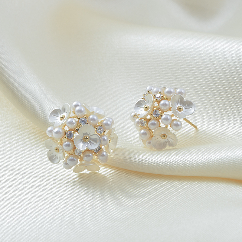 S925 silver needle flower cluster hydrangea flower petal sweet earrings fairy ear studs ear accessories