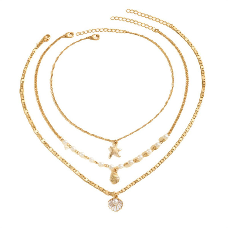 Summer Ocean Vacation Starfish Shell Conch Pearl Multi-layer Necklace Exaggerated Multi-layer Layered Necklace